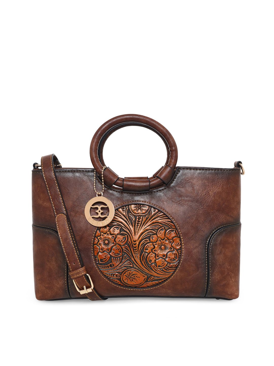 ESBEDA Brown Ethnic Motifs PU Shopper Handheld Bag Price in India