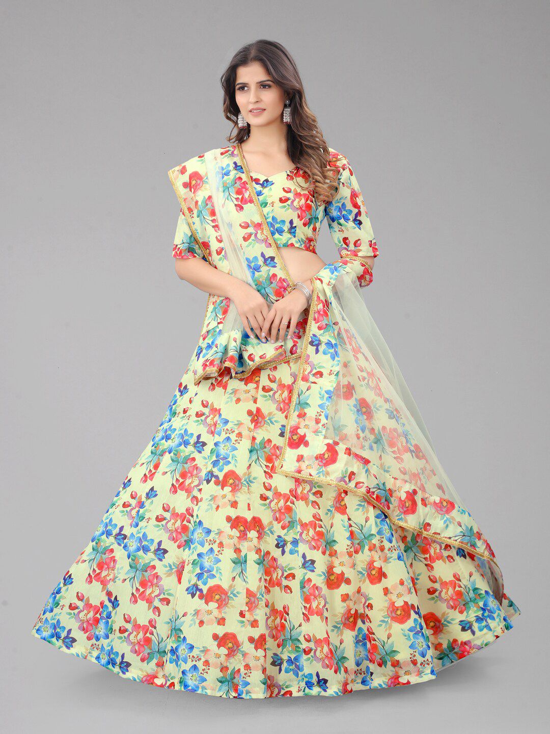 SHOPGARB Yellow & Blue Printed Semi-Stitched Lehenga & Unstitched Blouse With Dupatta Price in India