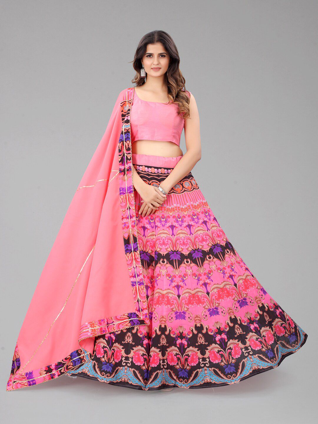 SHOPGARB Pink & Purple Printed Semi-Stitched Lehenga & Unstitched Blouse With Dupatta Price in India