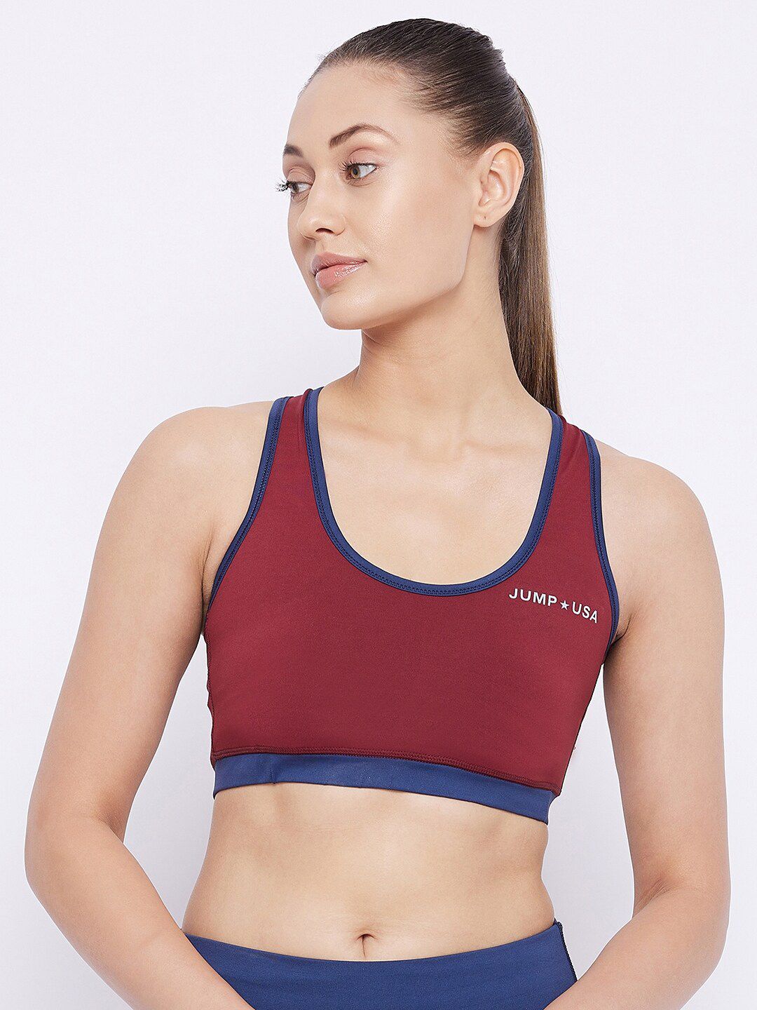 JUMP USA Maroon & Blue Sports Bra Price in India