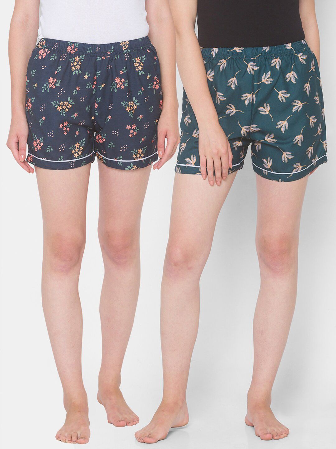 FashionRack Women Pack of 2 Navy Blue & Green Printed Cotton Lounge Shorts Price in India