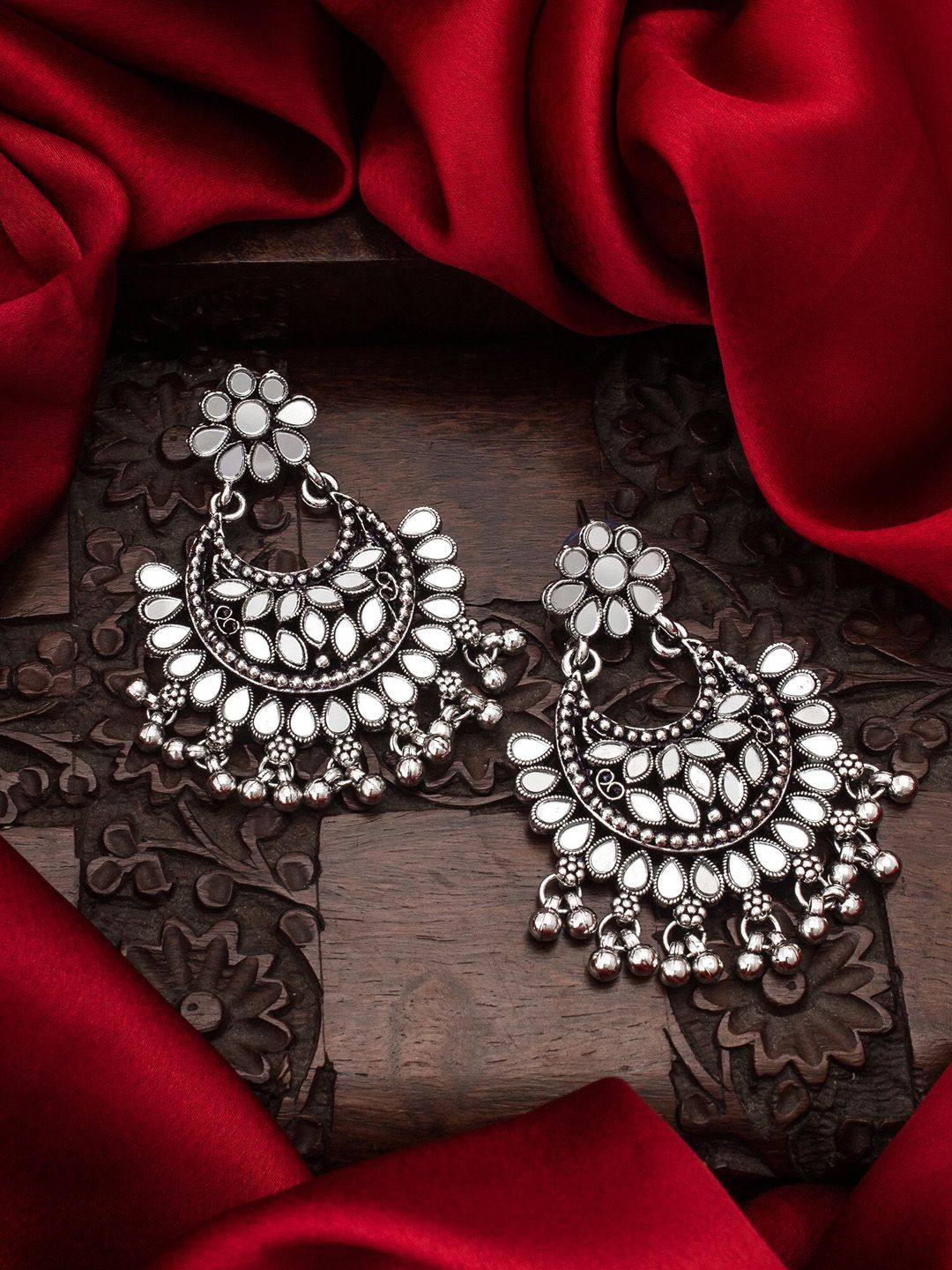 aadita Silver-Toned & Plated Oval AD-Studded Chandbalis Mirror Earrings Price in India