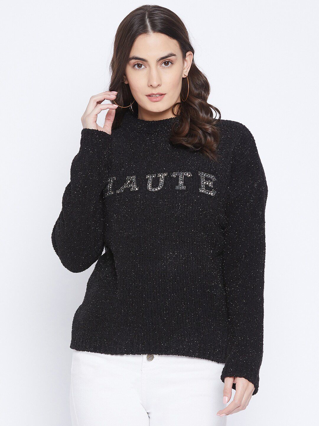Madame Women Black Embellished Pullover Sweater Price in India