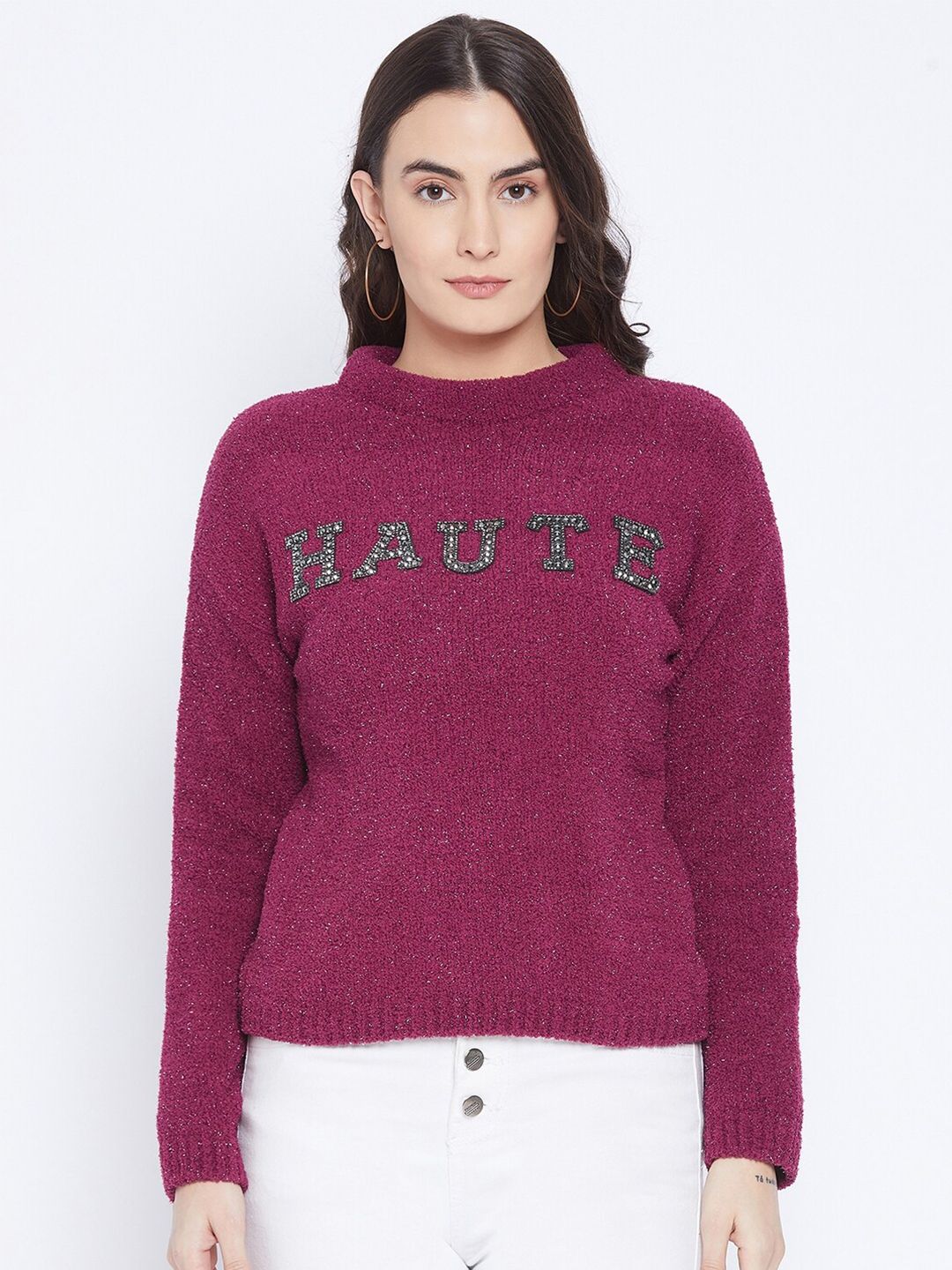 Madame Women Maroon Embellished Pullover Sweater Price in India