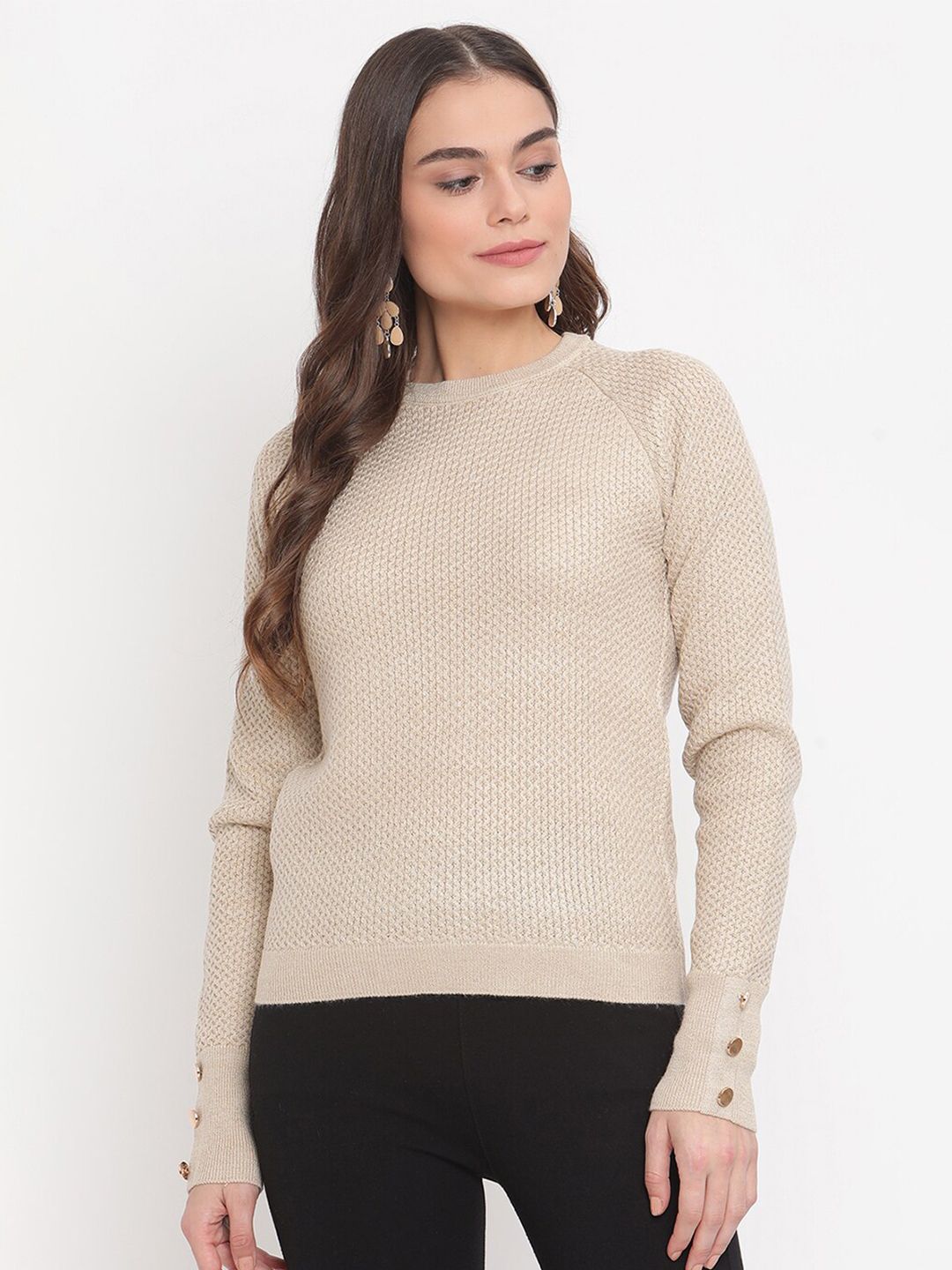 Madame Women Beige Self Design Pullover Sweater Price in India