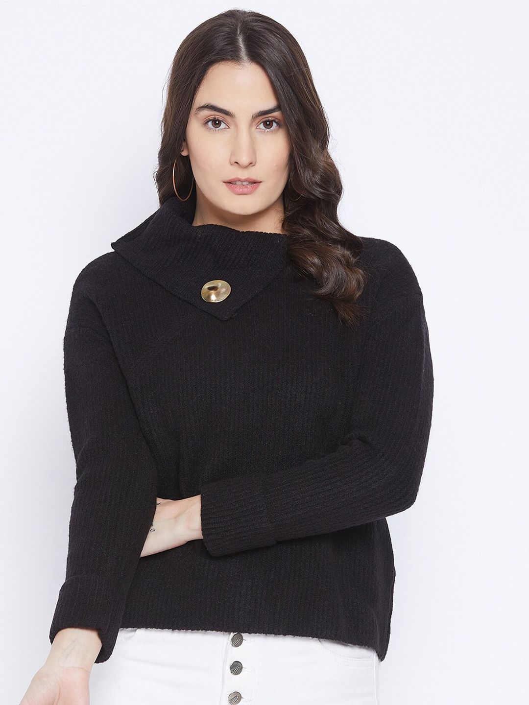 Madame Women Black Ribbed Pullover Sweater Price in India