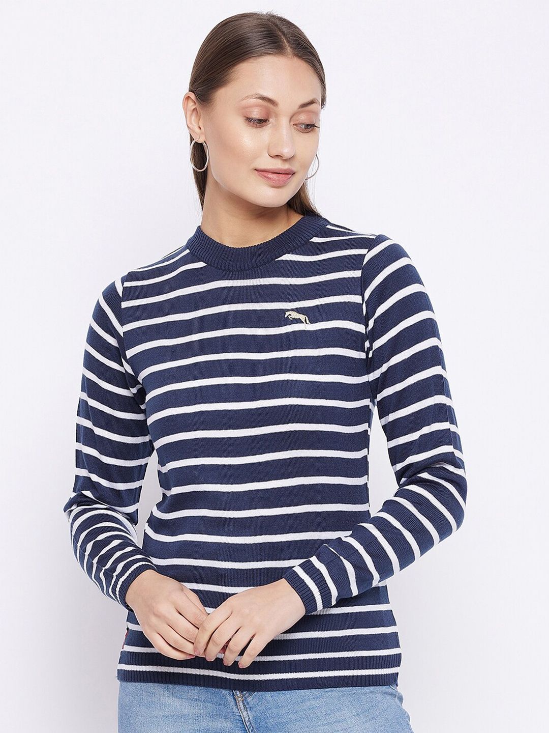 JUMP USA Women Navy Blue & White Striped Pure Acrylic Pullover Sweater Price in India