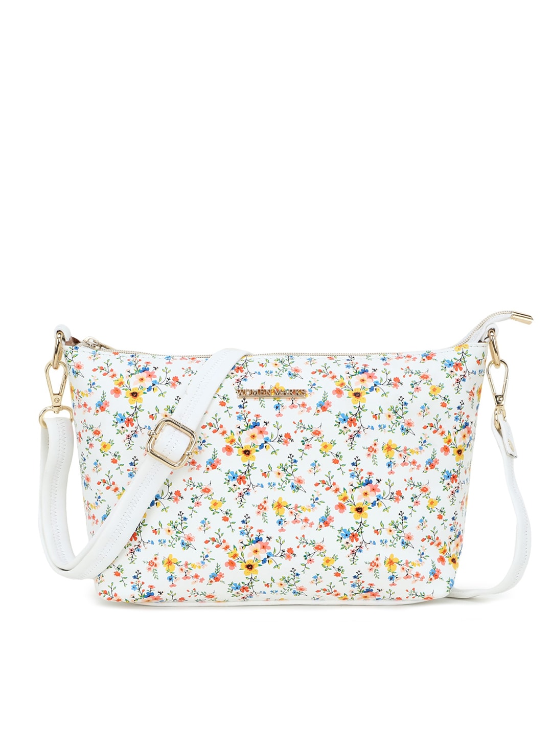 WOMEN MARKS White Floral Printed PU Structured Sling Bag Price in India