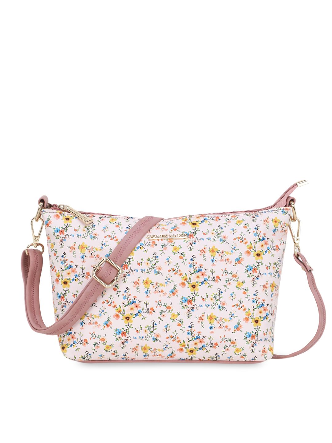 WOMEN MARKS Pink & Yellow Floral Printed PU Structured Sling Bag Price in India