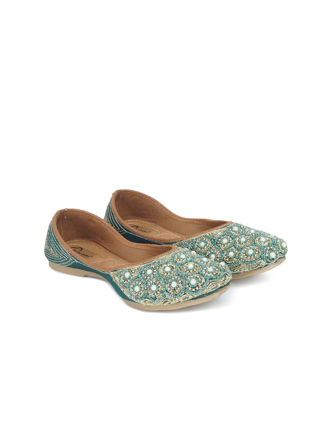 The Desi Dulhan Women Green Printed Leather Party Mojaris Flats Price in India