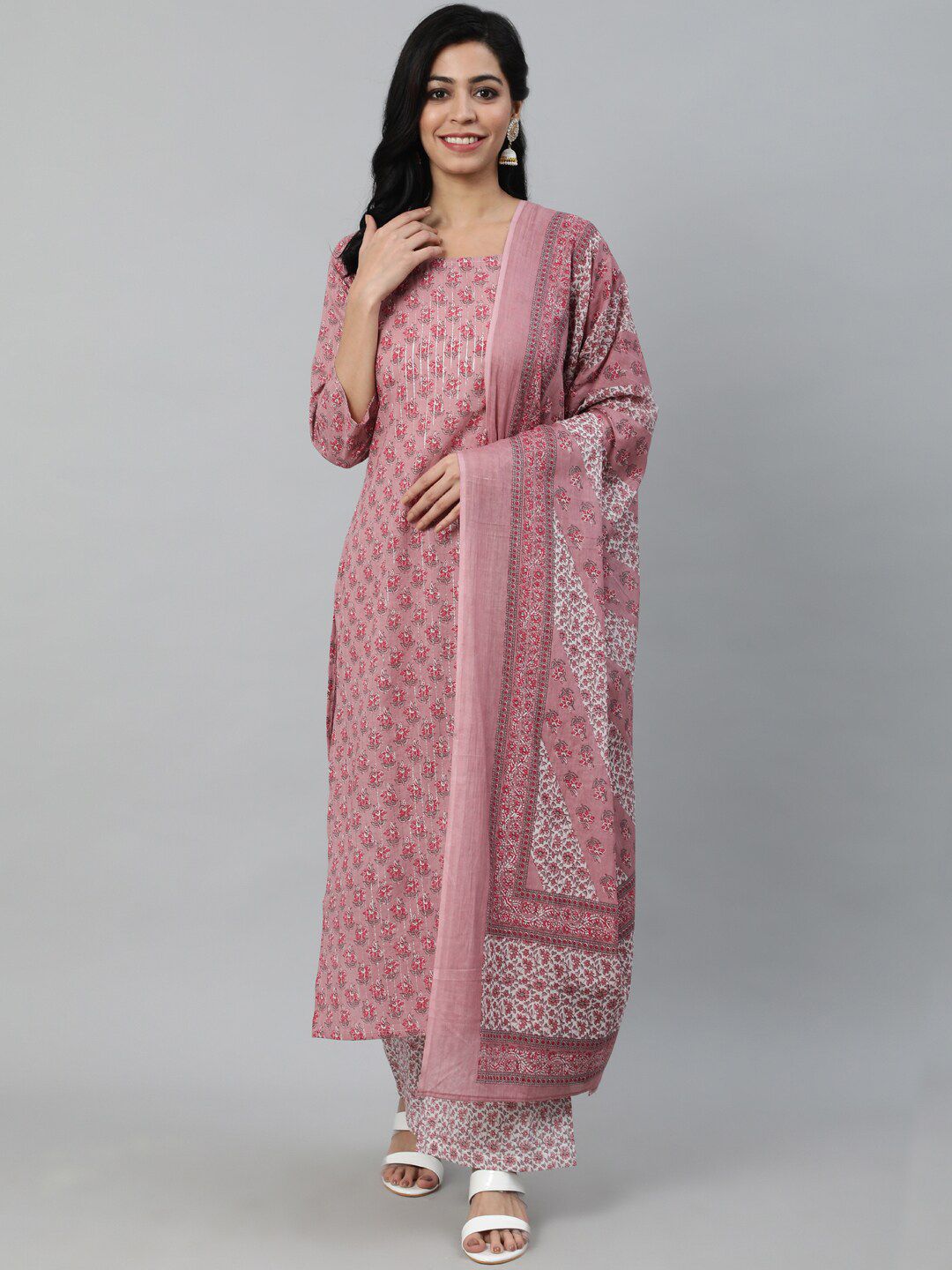 Nayo Women Pink Floral Printed Pure Cotton Kurta & Palazzos With Dupatta Price in India