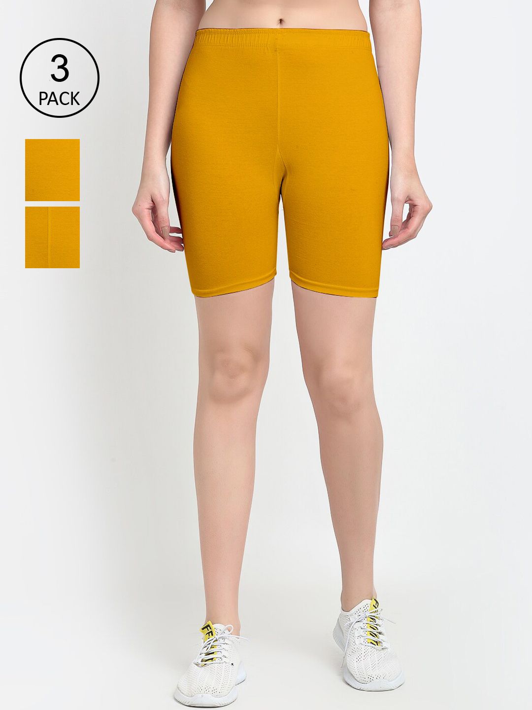 GRACIT Women Pack Of 3 Mustard Yellow Regular Fit Mid-Rise Cotton Biker Shorts Price in India