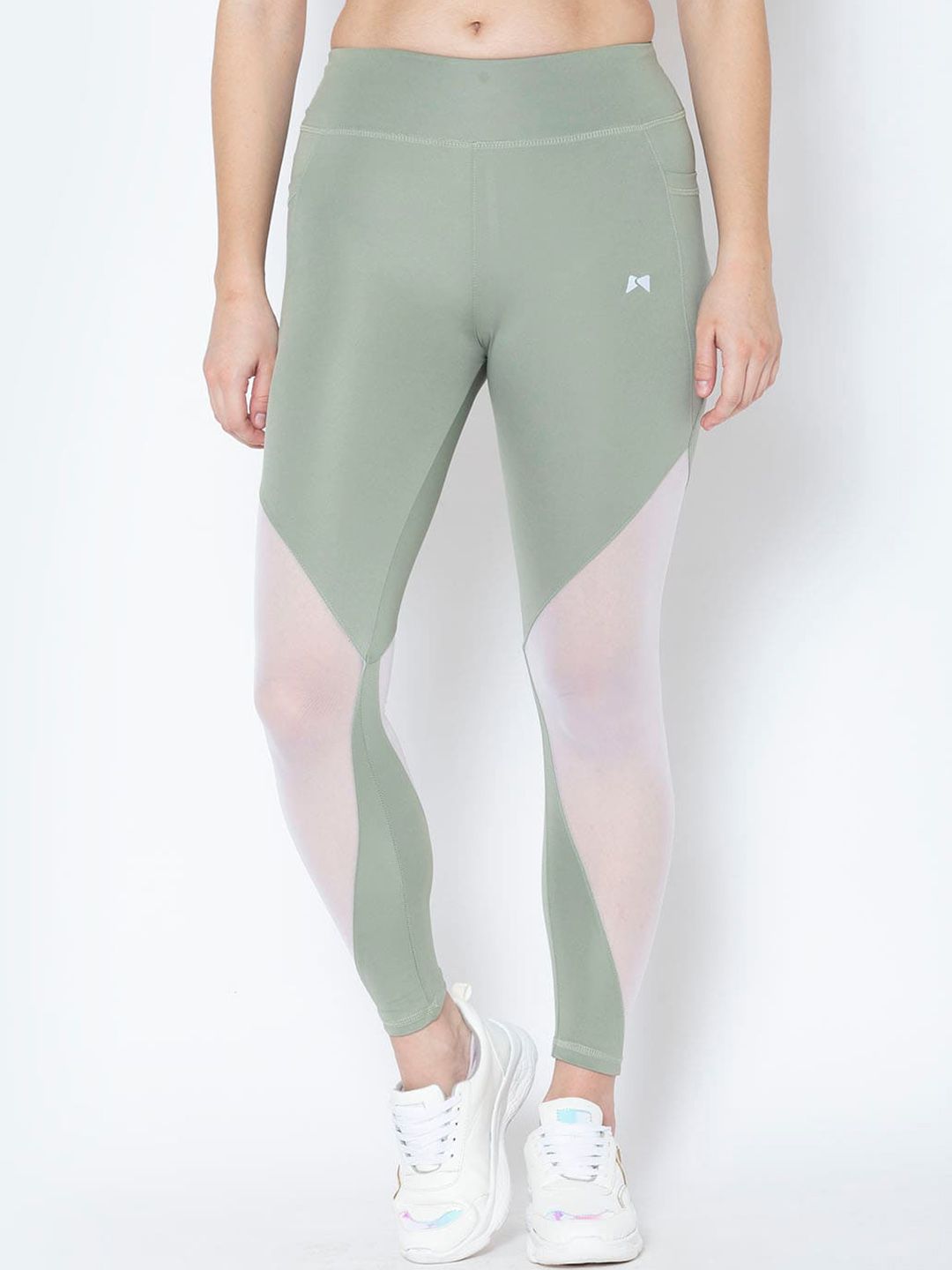 MUSCLE TORQUE Women Green & Pink Colourblocked Skinny-Fit Ankle Length Tights Price in India