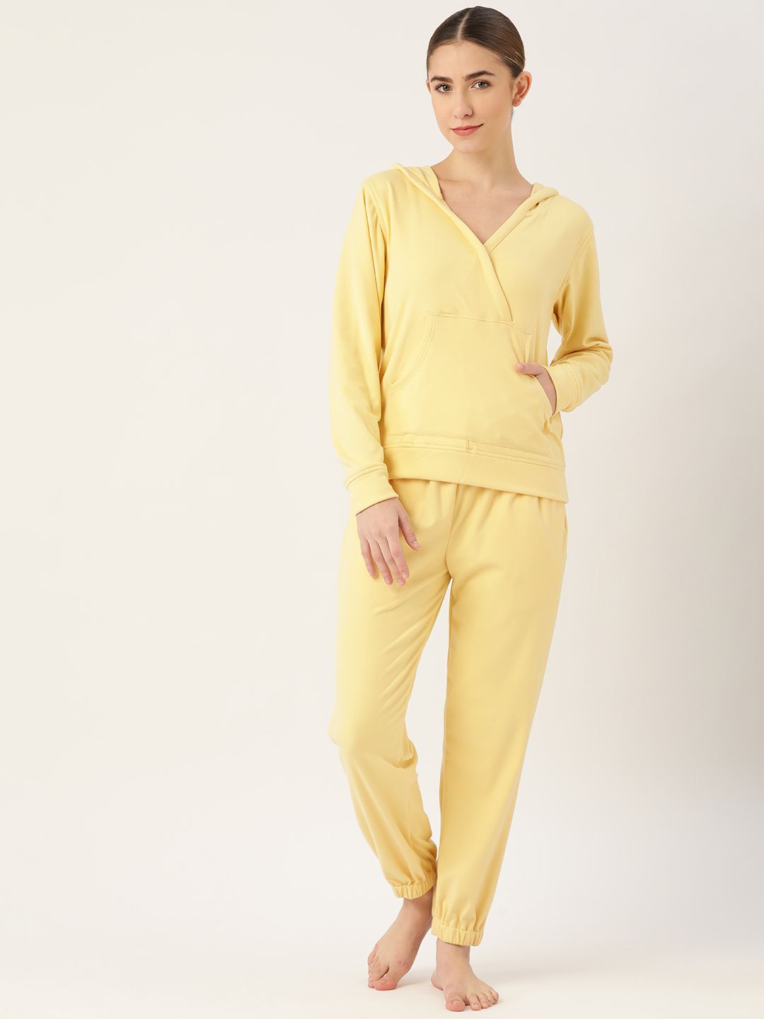 LILL Women Yellow Solid Winter Hoodie with Jogger Co-ord Set