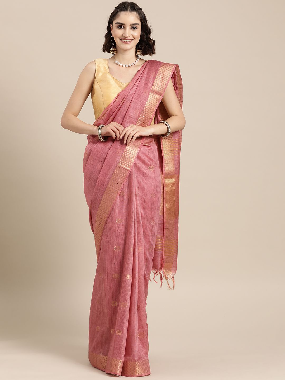 BharatSthali Pink & Gold-Toned Woven Design Silk Cotton Tussar Saree
