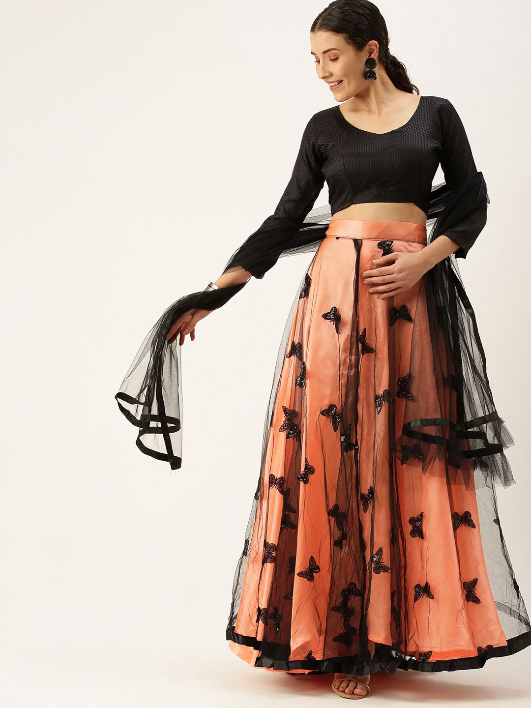 Mameraa Peach-Coloured & Black Sequinned Semi-Stitched Lehenga & Unstitched Blouse With Dupatta Price in India