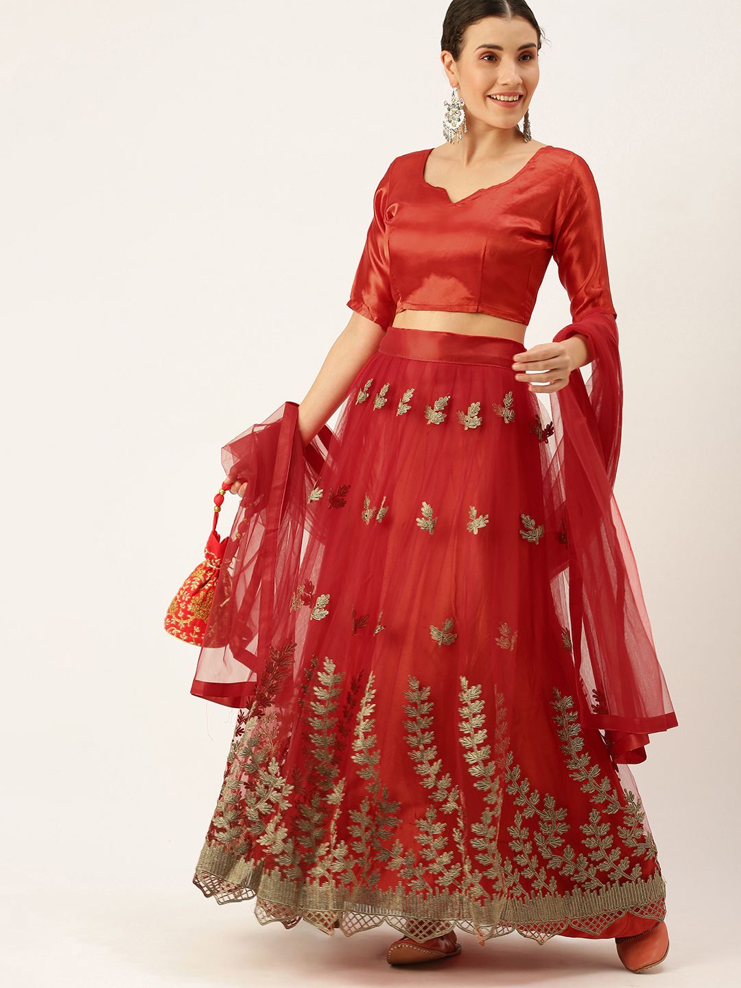 Mameraa Red & Golden Thread Work Semi-Stitched Lehenga & Unstitched Blouse With Dupatta Price in India