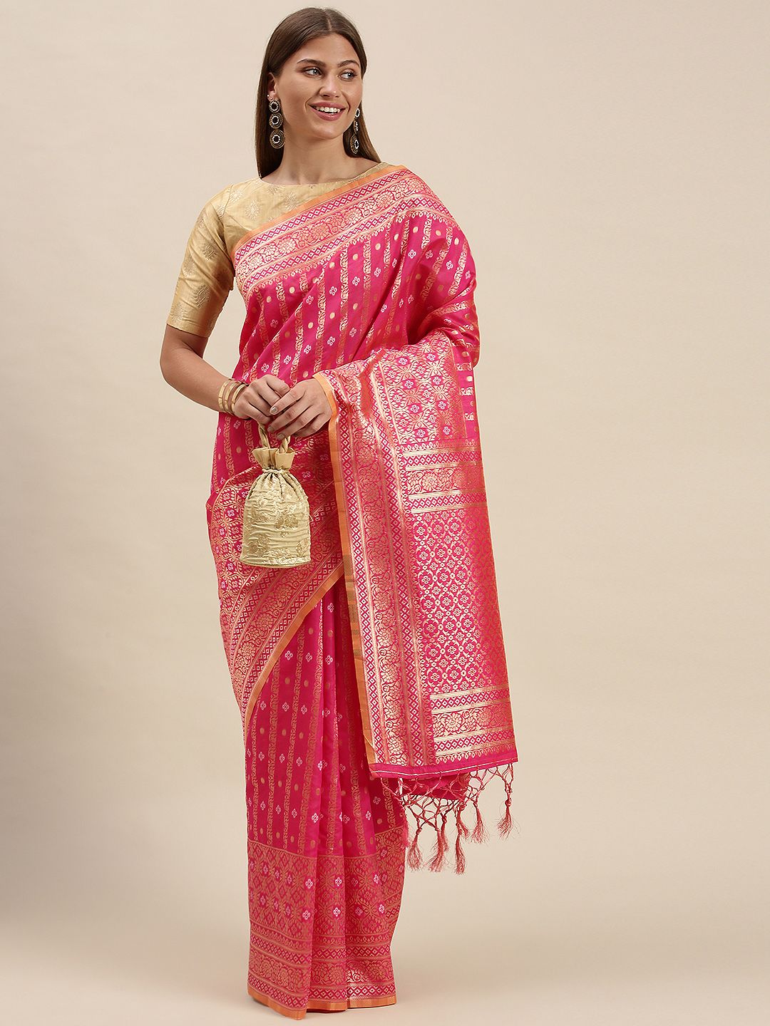 cbazaar Pink & Gold-Toned Ethnic Motifs Art Silk Saree Price in India