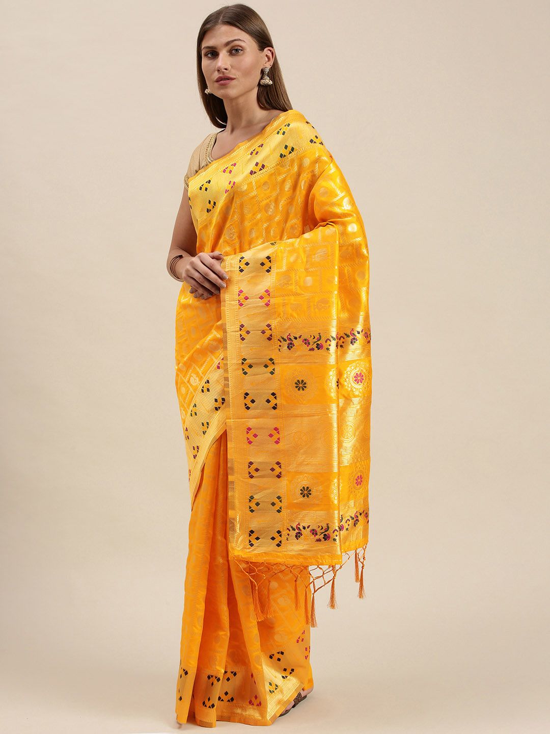 cbazaar Yellow Ethnic Motifs Art Silk Saree Price in India