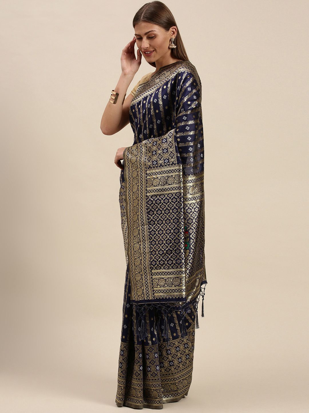 cbazaar Navy Blue & Gold-Toned Ethnic Motifs Art Silk Saree Price in India