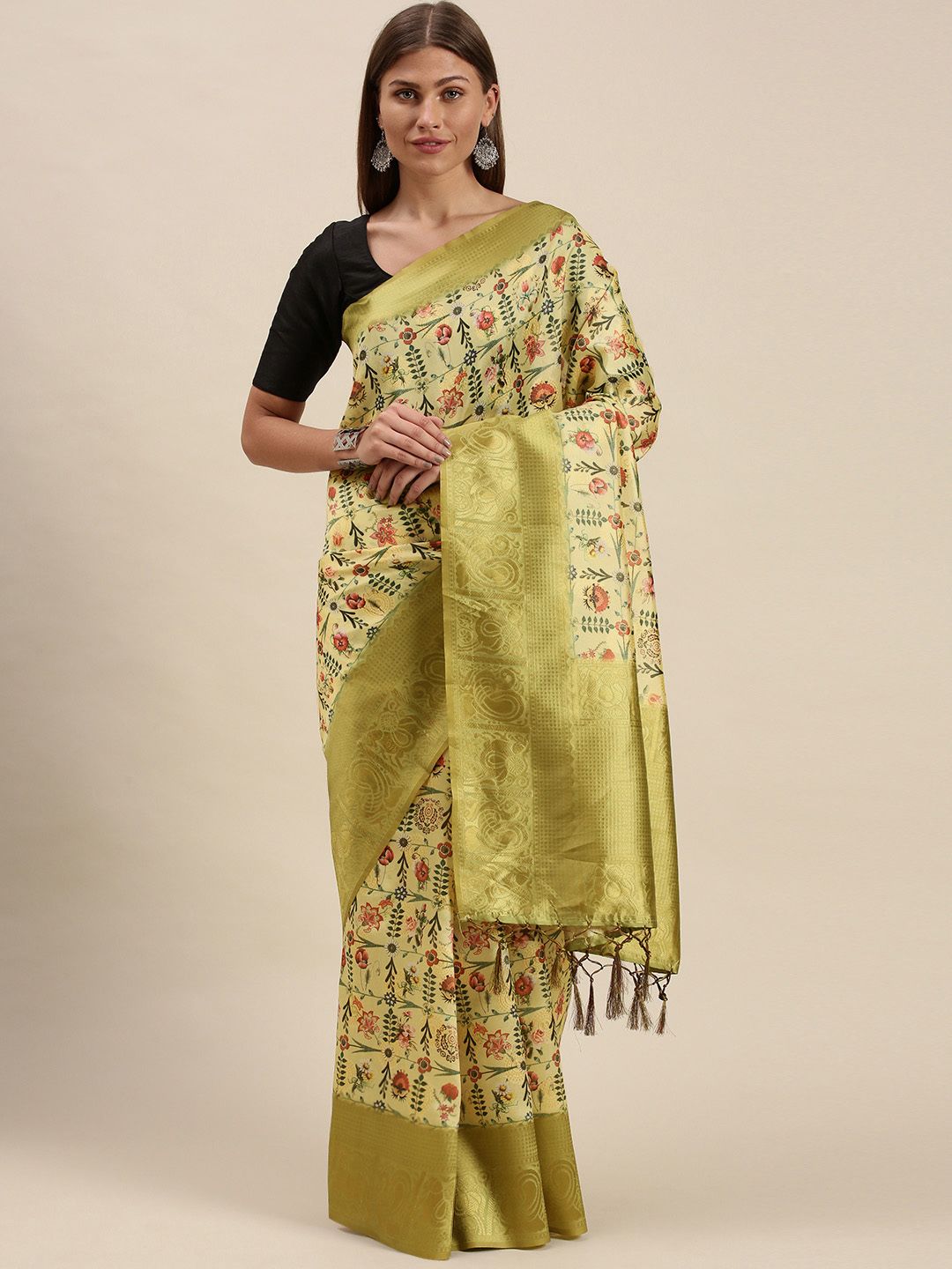 cbazaar Yellow & Green Ethnic Motifs Art Silk Saree Price in India