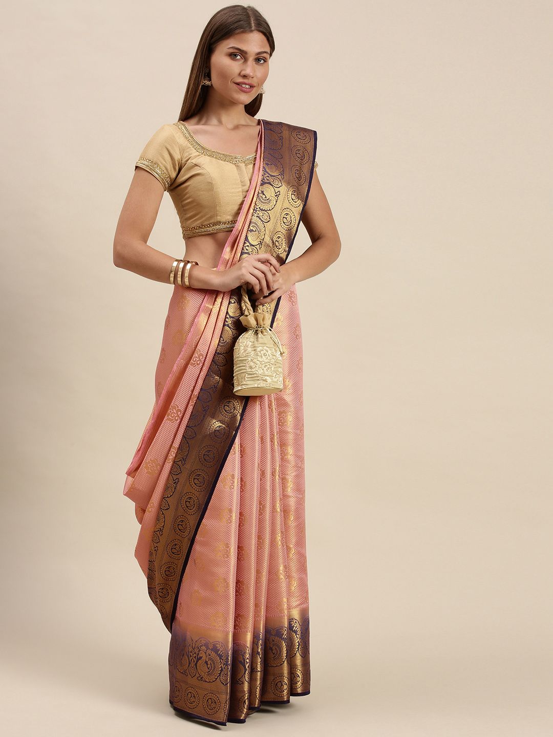 cbazaar Pink & Gold-Toned Ethnic Motifs Art Silk Saree Price in India