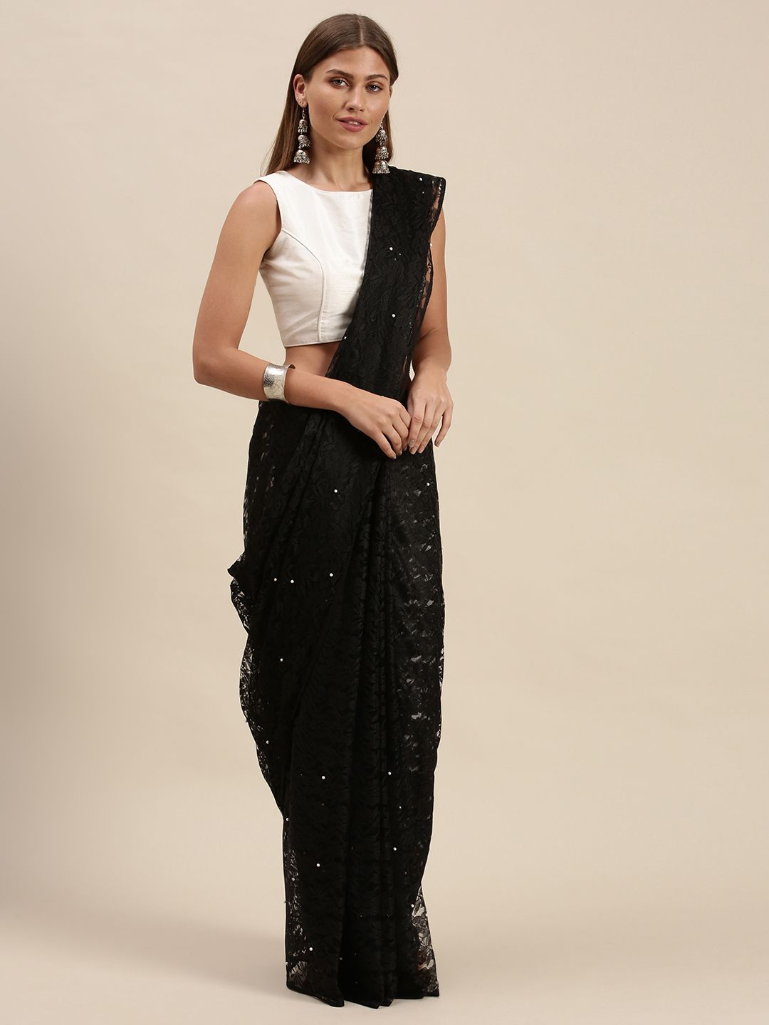 cbazaar Black Floral Beads and Stones Art Silk Saree Price in India