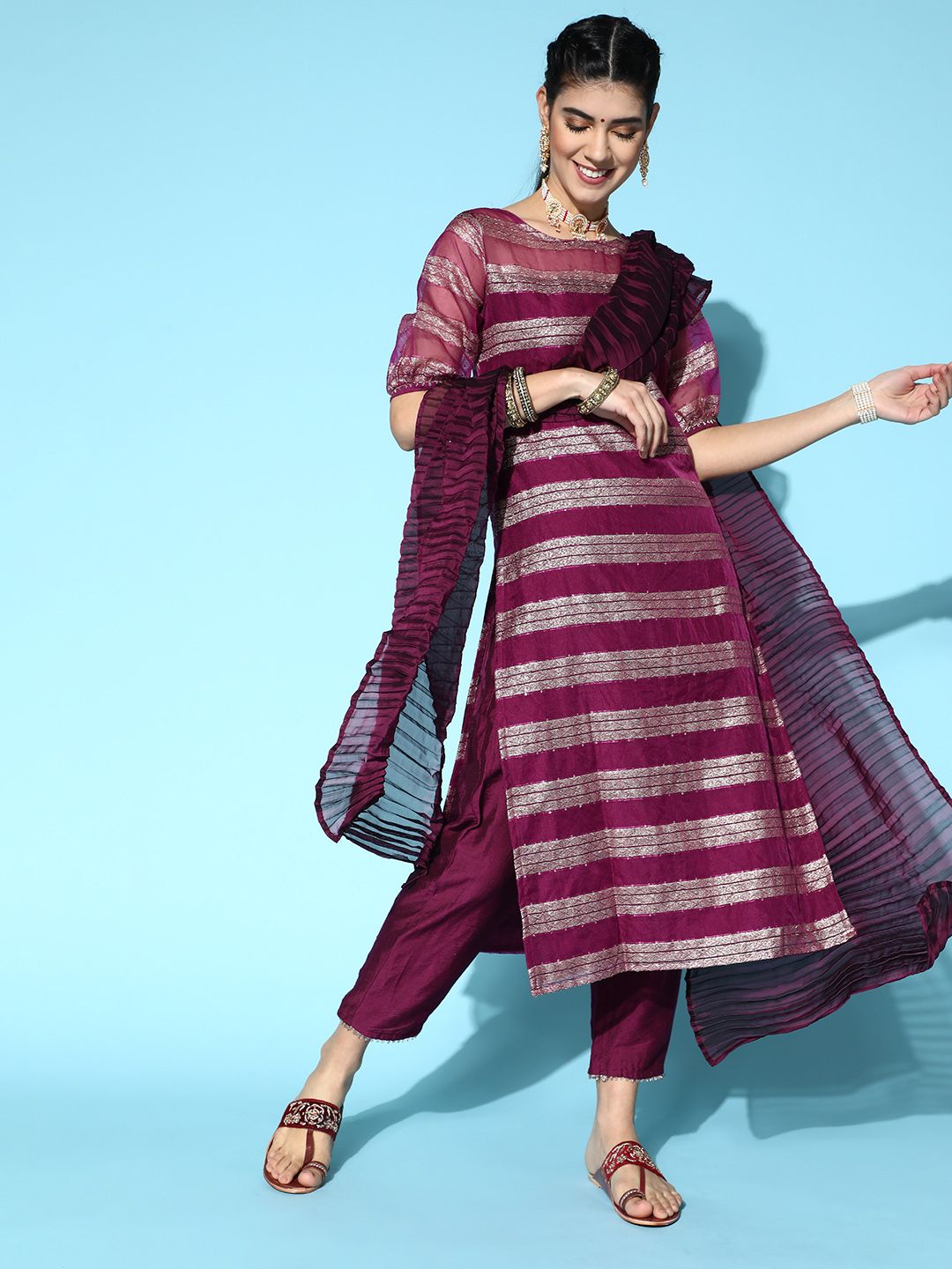 Indo Era Striped Poly-Georgette Puff Sleeves Kurta Set Price in India