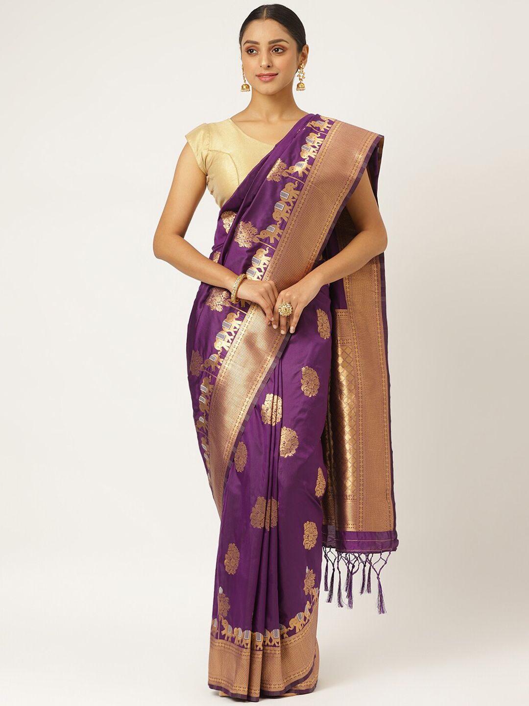KARAGIRI Purple & Gold-Toned Ethnic Motifs Silk Blend Banarasi Saree Price in India