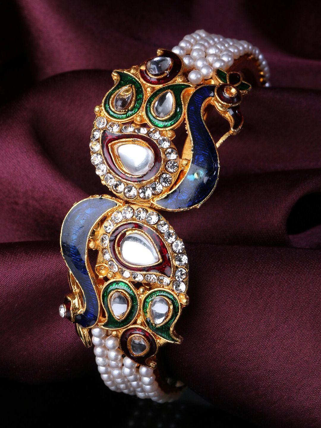 LIVE EVIL Women White Pearl & Stone Studded Peacock Kada Bangle Price in India