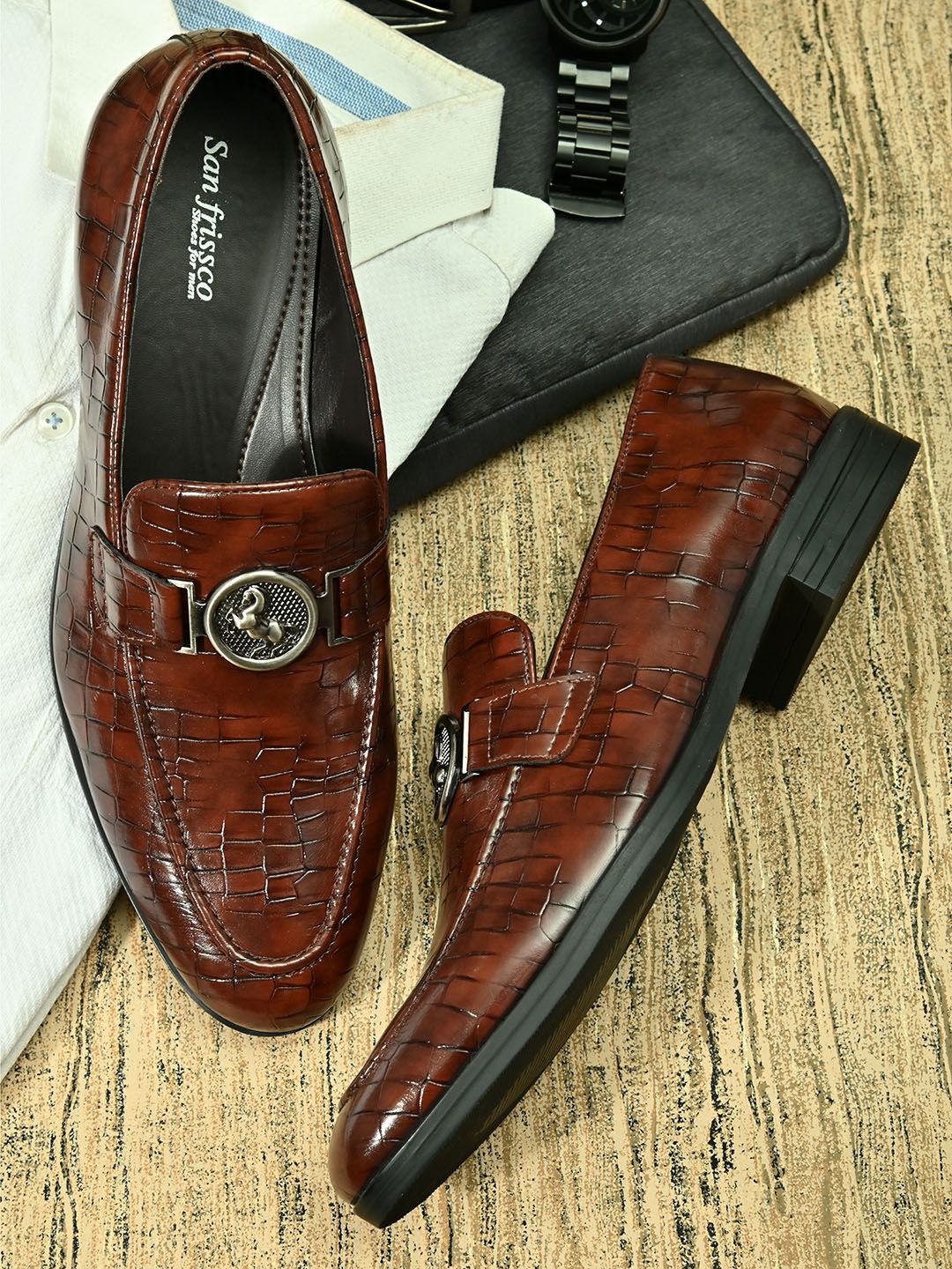 San Frissco Men Brown Textured Formal Loafers