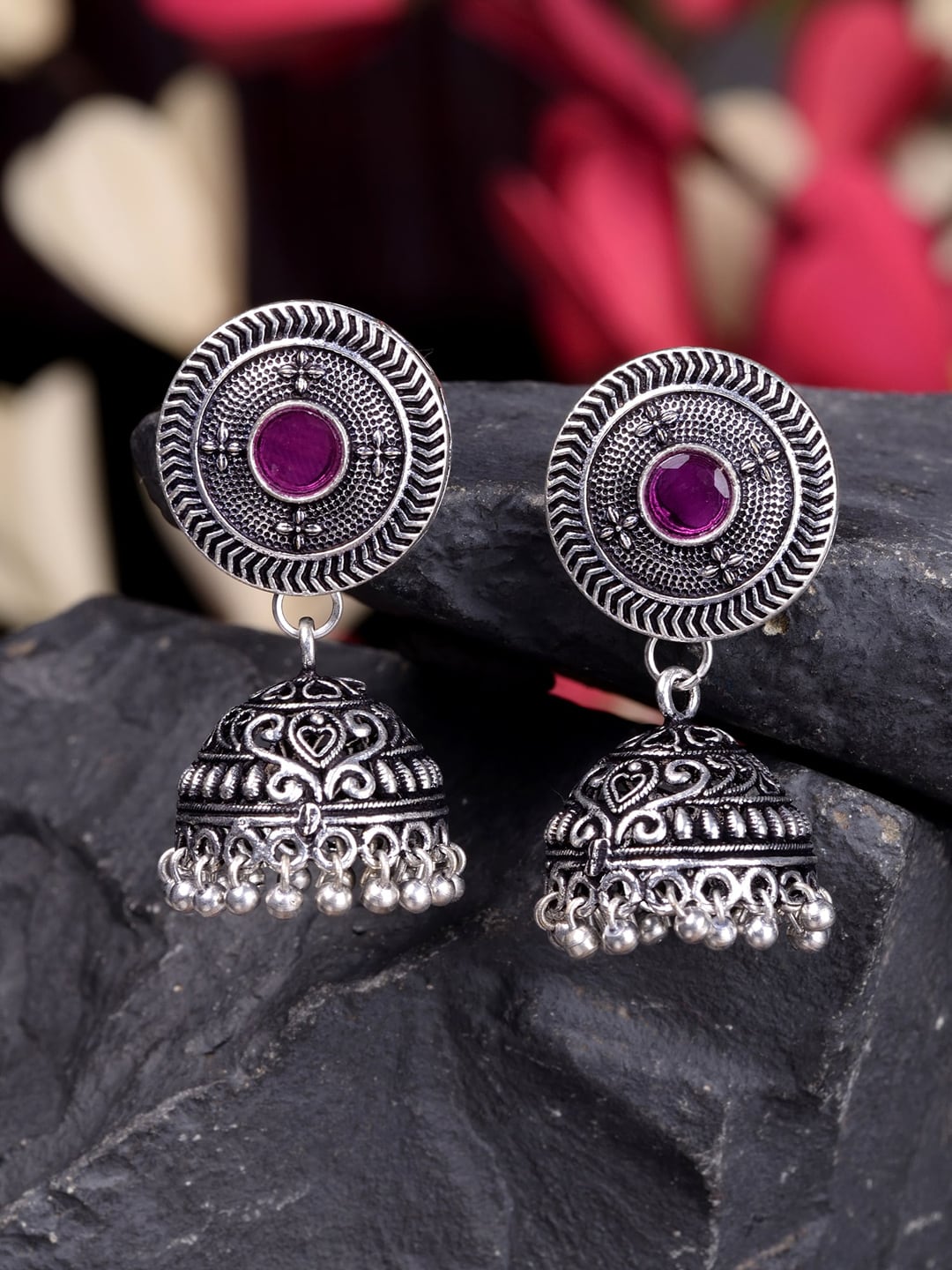 Saraf RS Jewellery Silver-Toned & Pink Dome Shaped Jhumkas Price in India