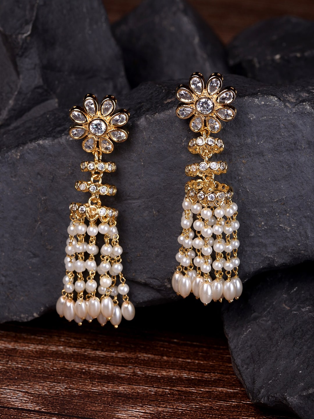 Saraf RS Jewellery Gold-Toned Pearl Beaded Drop Earrings Price in India