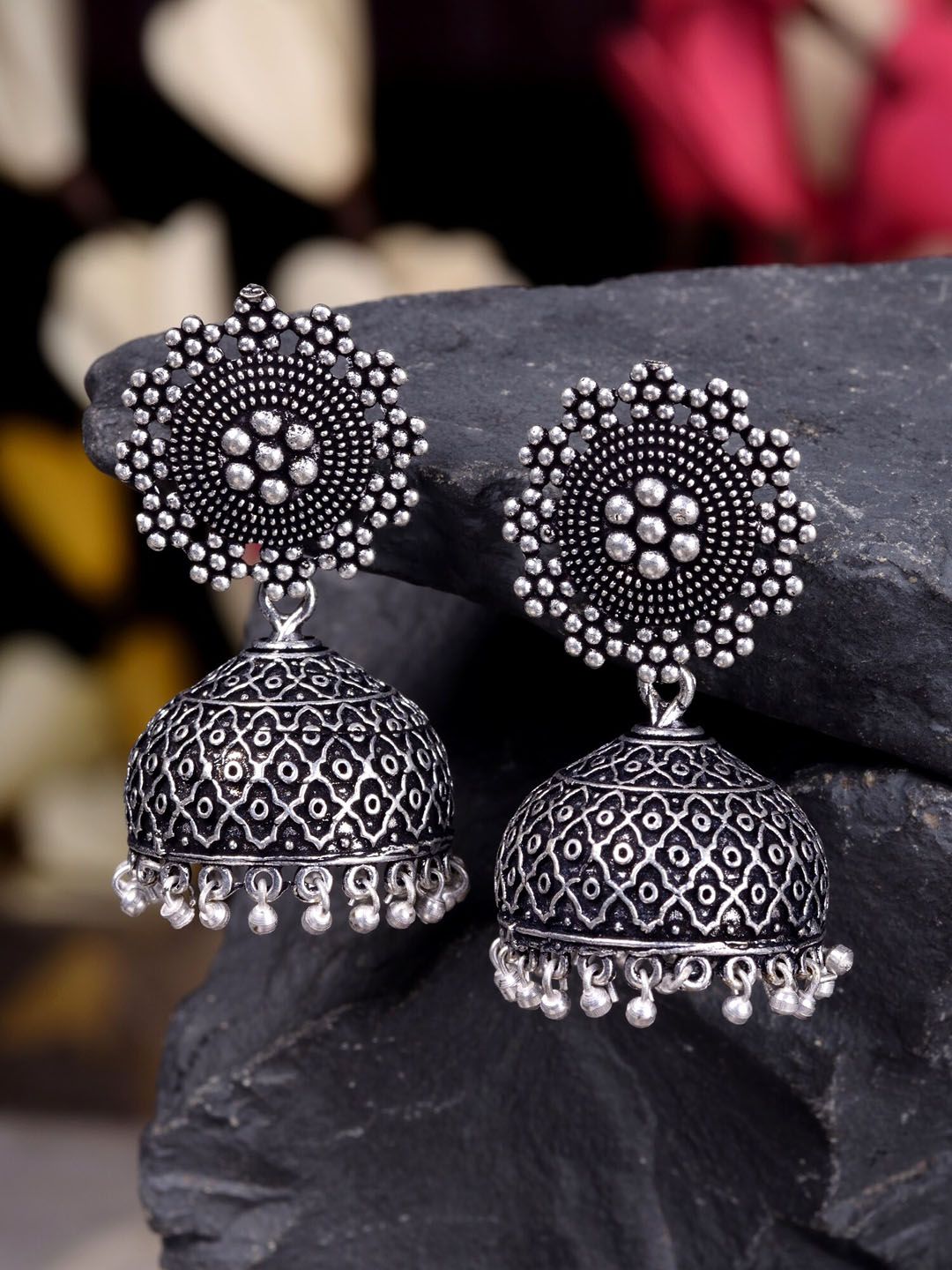 Saraf RS Jewellery Silver-Toned Dome Shaped Jhumkas Earrings Price in India