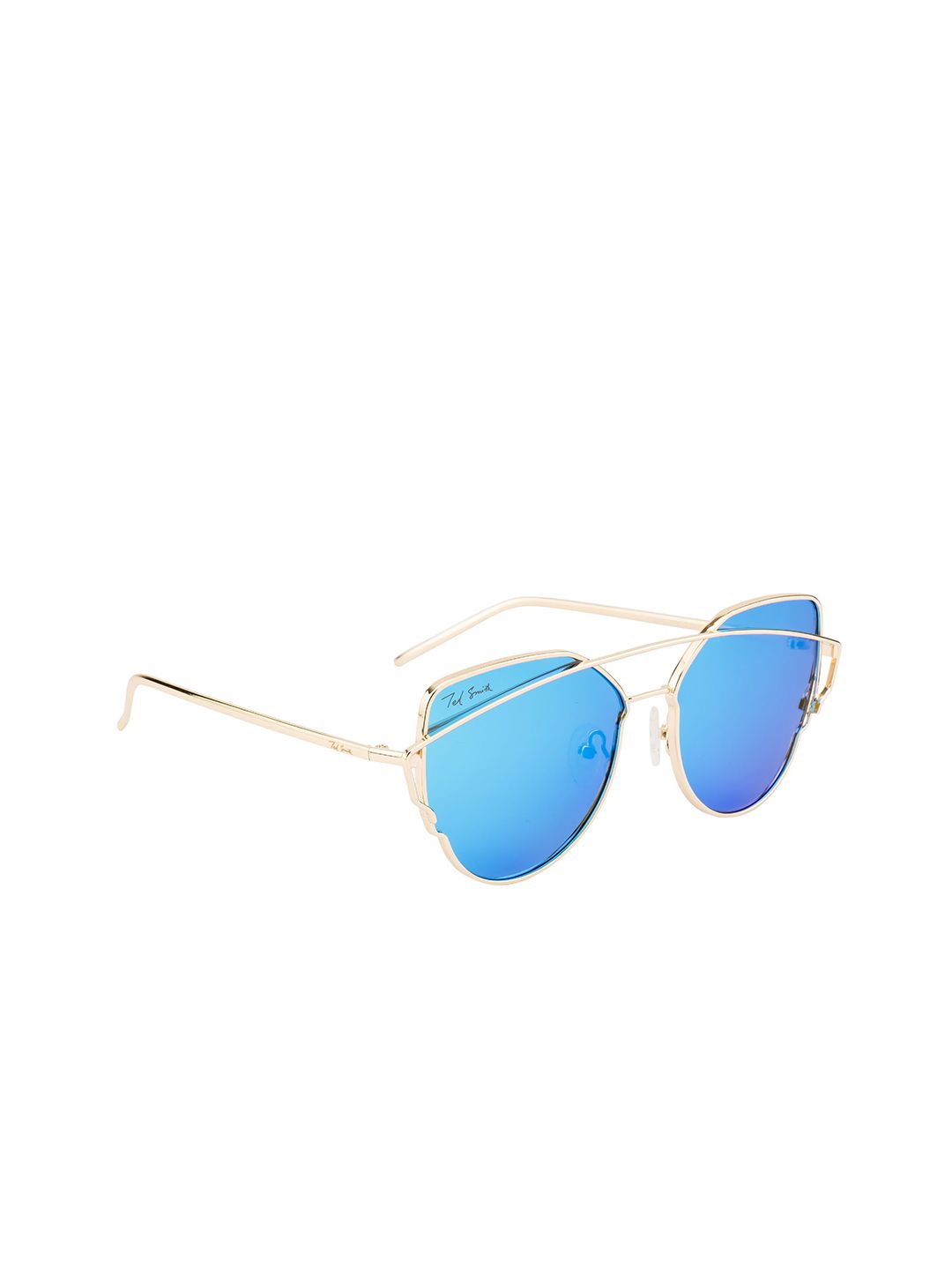 Ted Smith Women Blue Lens & Gold-Toned Browline Sunglasses with Polarised Lens Price in India