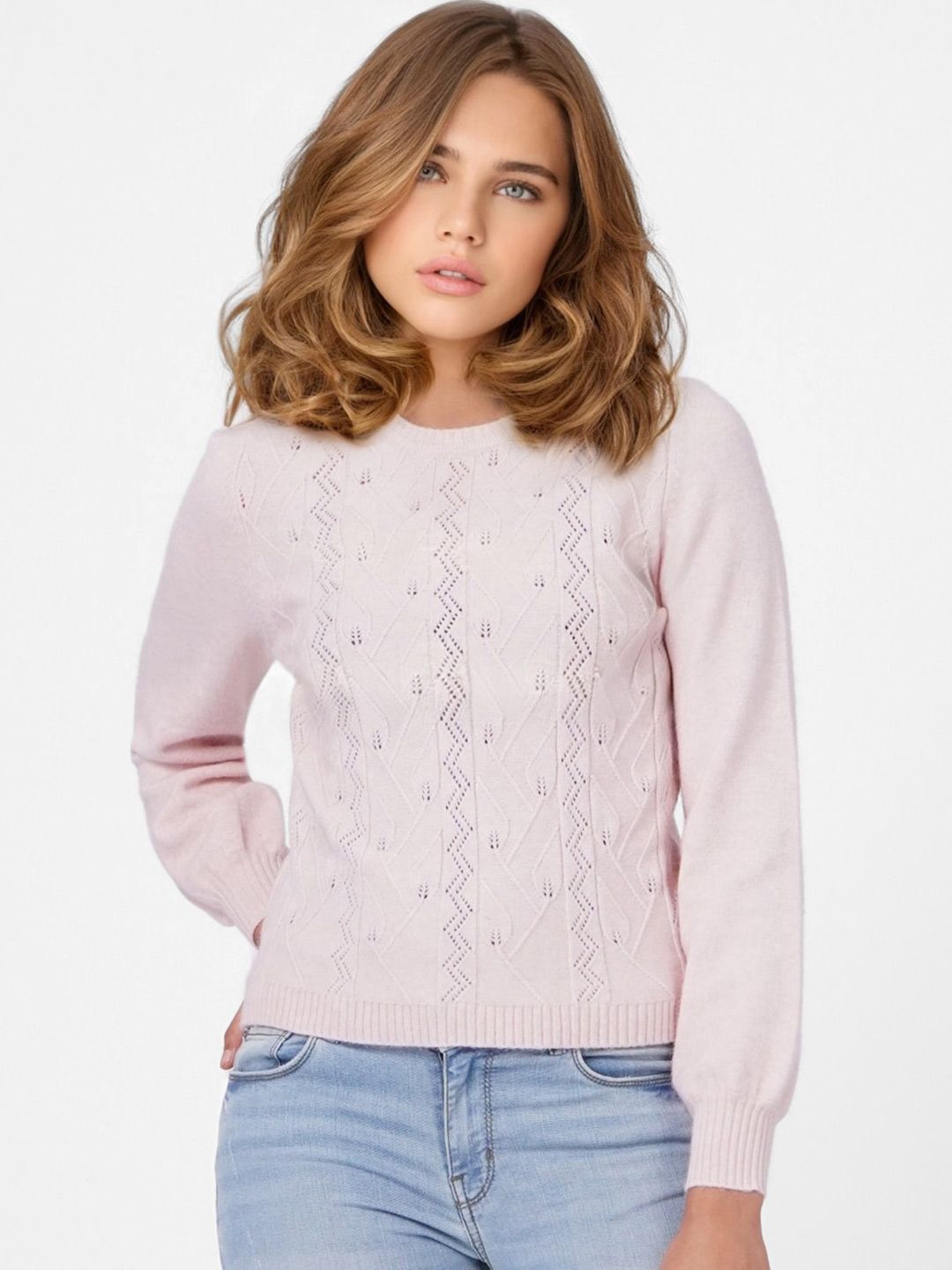 ONLY Women Pink Self-Design Pullover Price in India