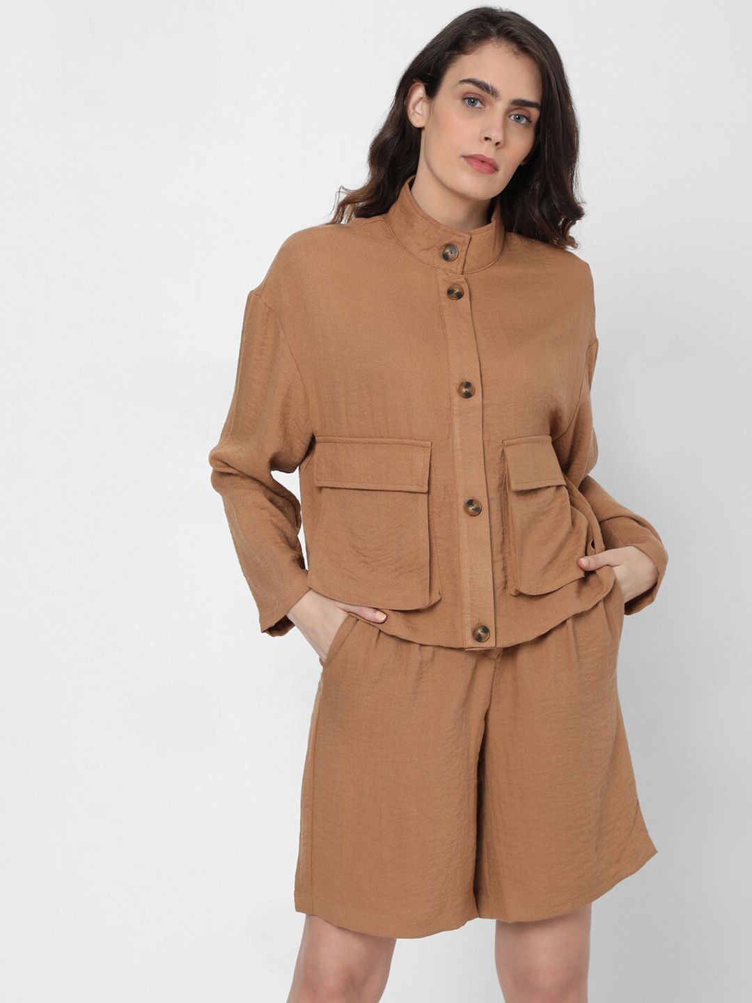 Vero Moda Women Brown Viscose Rayon Lightweight Tailored Jacket with Oversized Pockets Price in India