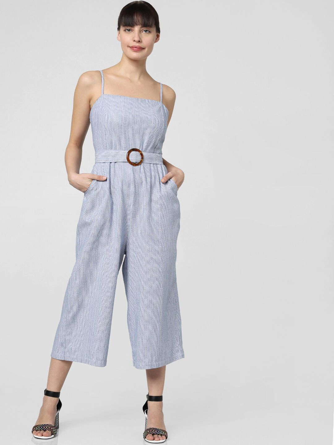 Vero Moda Blue & White Striped Cotton Capri Jumpsuit Price in India