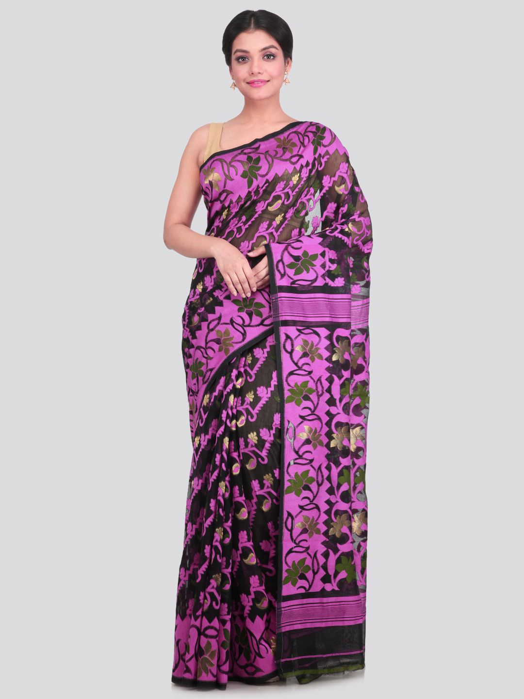 PinkLoom Black & Purple Floral Pure Cotton Jamdani Saree Price in India