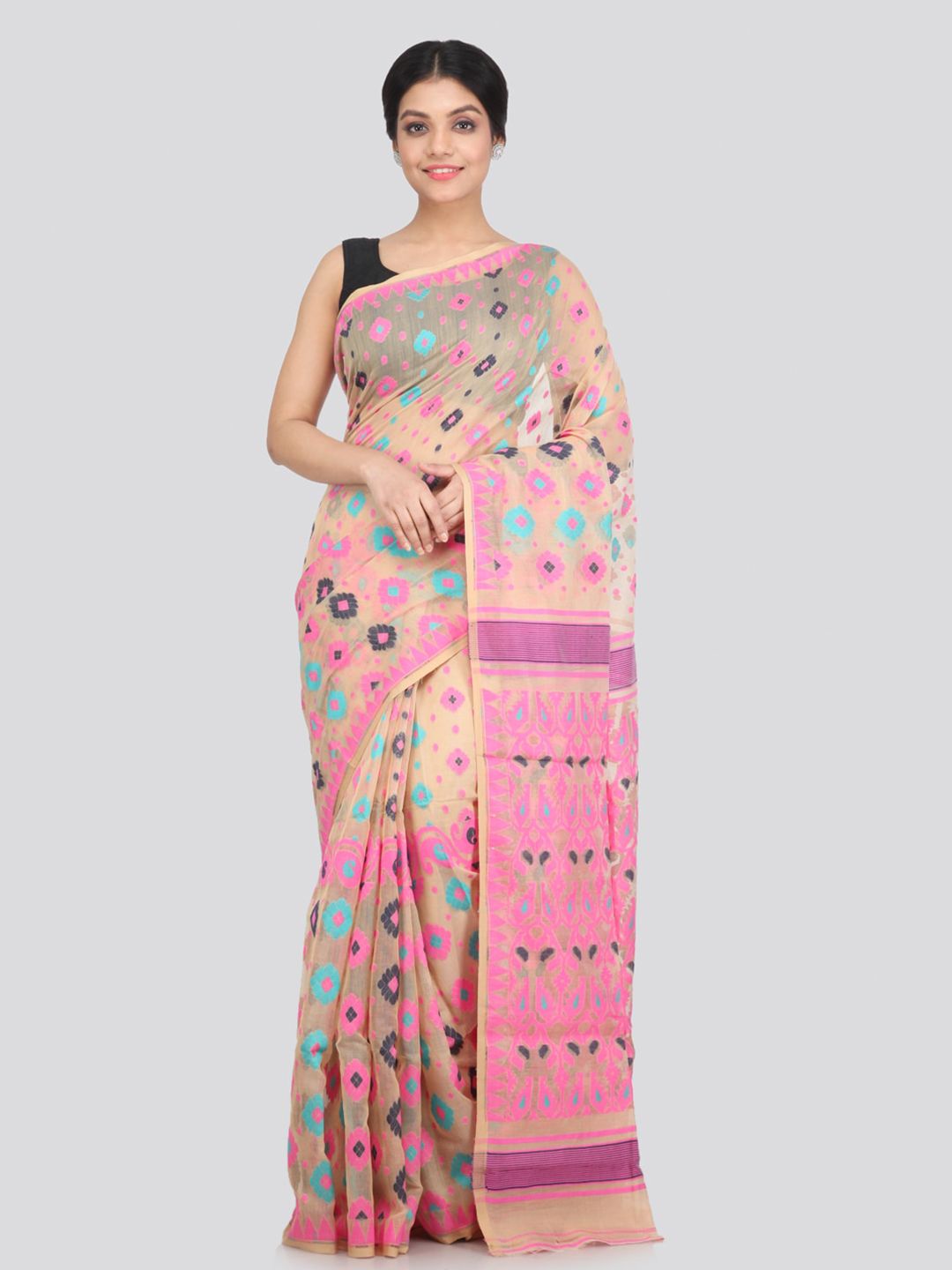 PinkLoom Beige & Pink Woven Design Pure Cotton Jamdani Saree Price in India