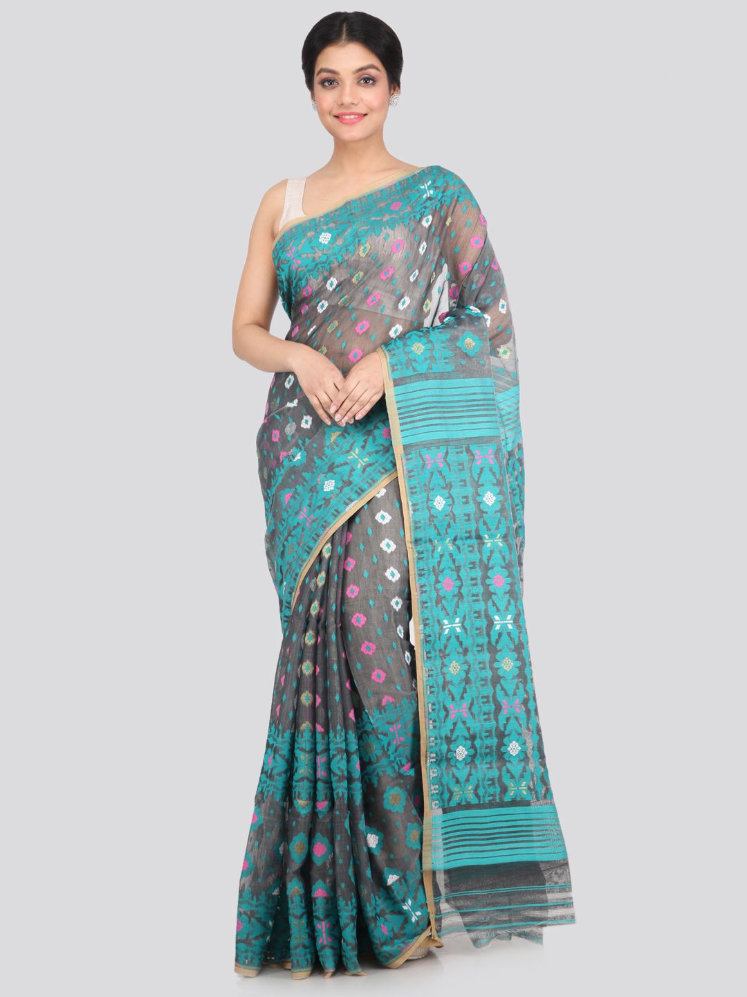 PinkLoom Grey & Turquoise Blue Woven Design Pure Cotton Jamdani Saree Price in India