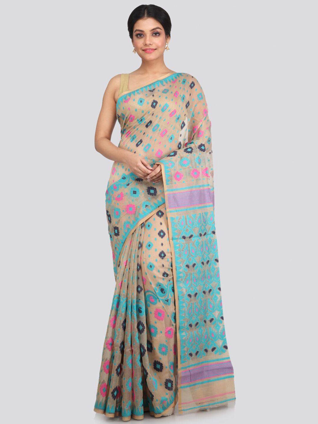 PinkLoom Beige & Blue Woven Design Pure Cotton Jamdani Saree Price in India
