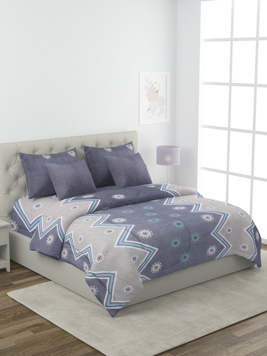 ROMEE Blue & Grey Ethnic Motifs Printed Double King Bedding Set with Comforter Price in India