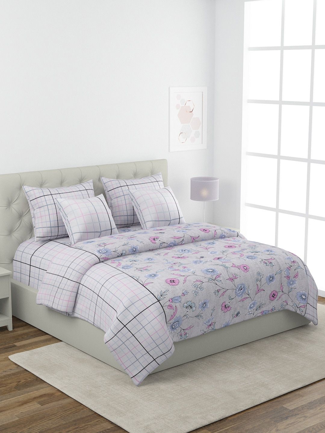 ROMEE White & Grey Melange Floral Printed & Checked Double King Bedding Set with Comforter Price in India