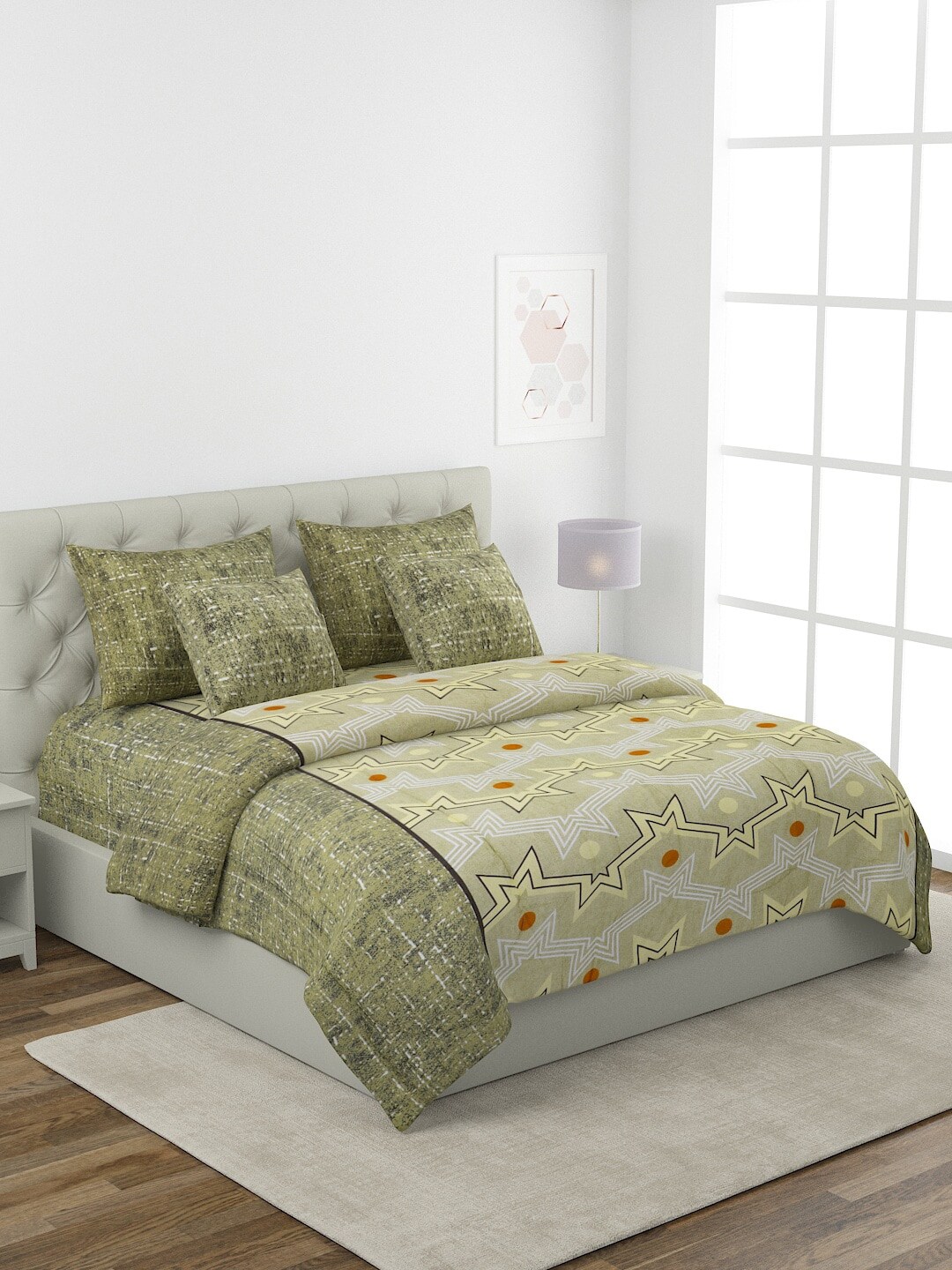 ROMEE Olive Green & Light Yellow Quirky Printed Double King Bedding Set with AC Comforter Price in India