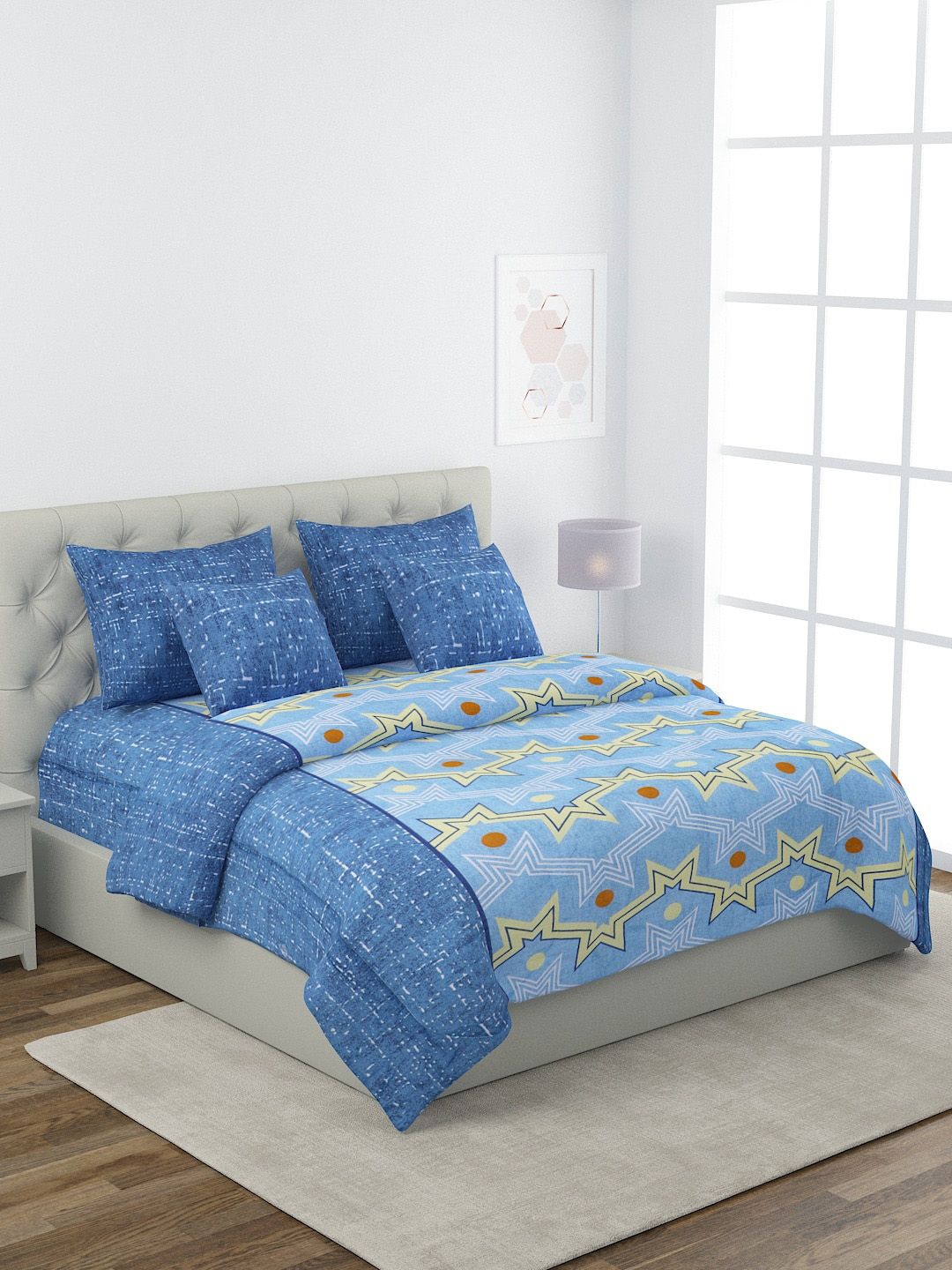 ROMEE Blue & Light Yellow Quirky Printed Double King Bedding Set with AC Comforter Price in India