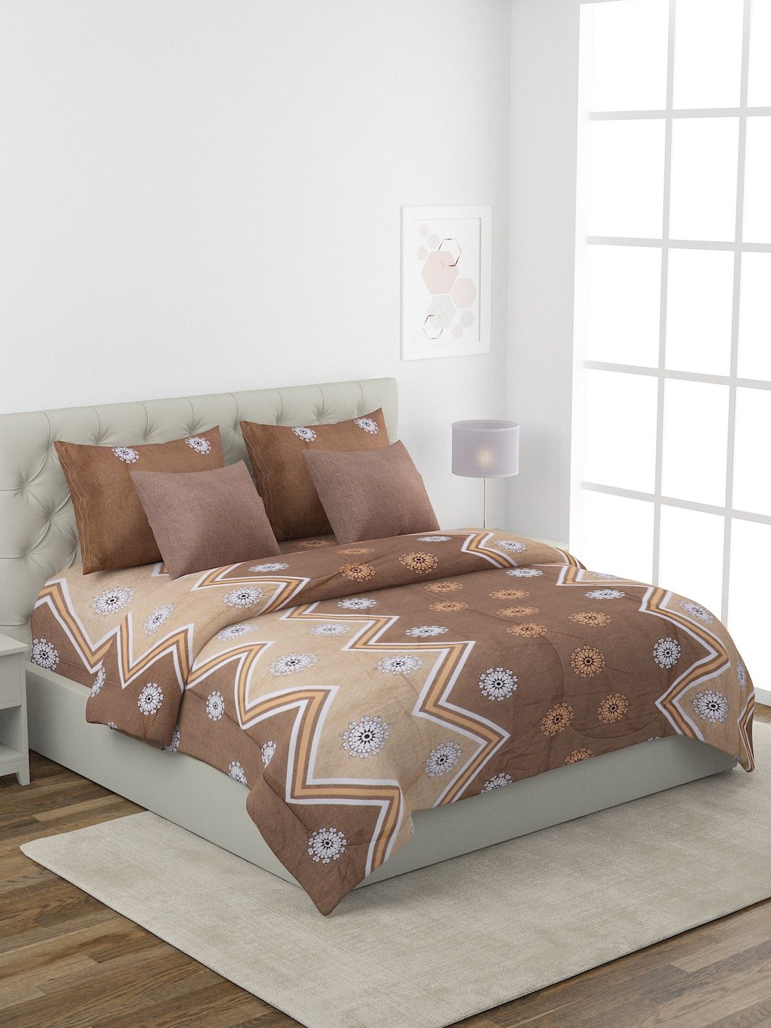 ROMEE Brown & Beige Printed Pure Cotton Superfine Double King Bedding Set Price in India