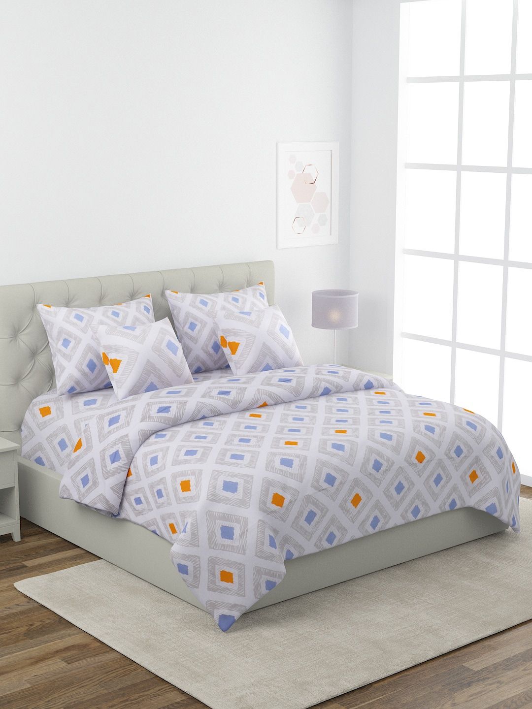 ROMEE Grey & Blue Geometric Printed Double King Bedding Set with AC Comforter Price in India