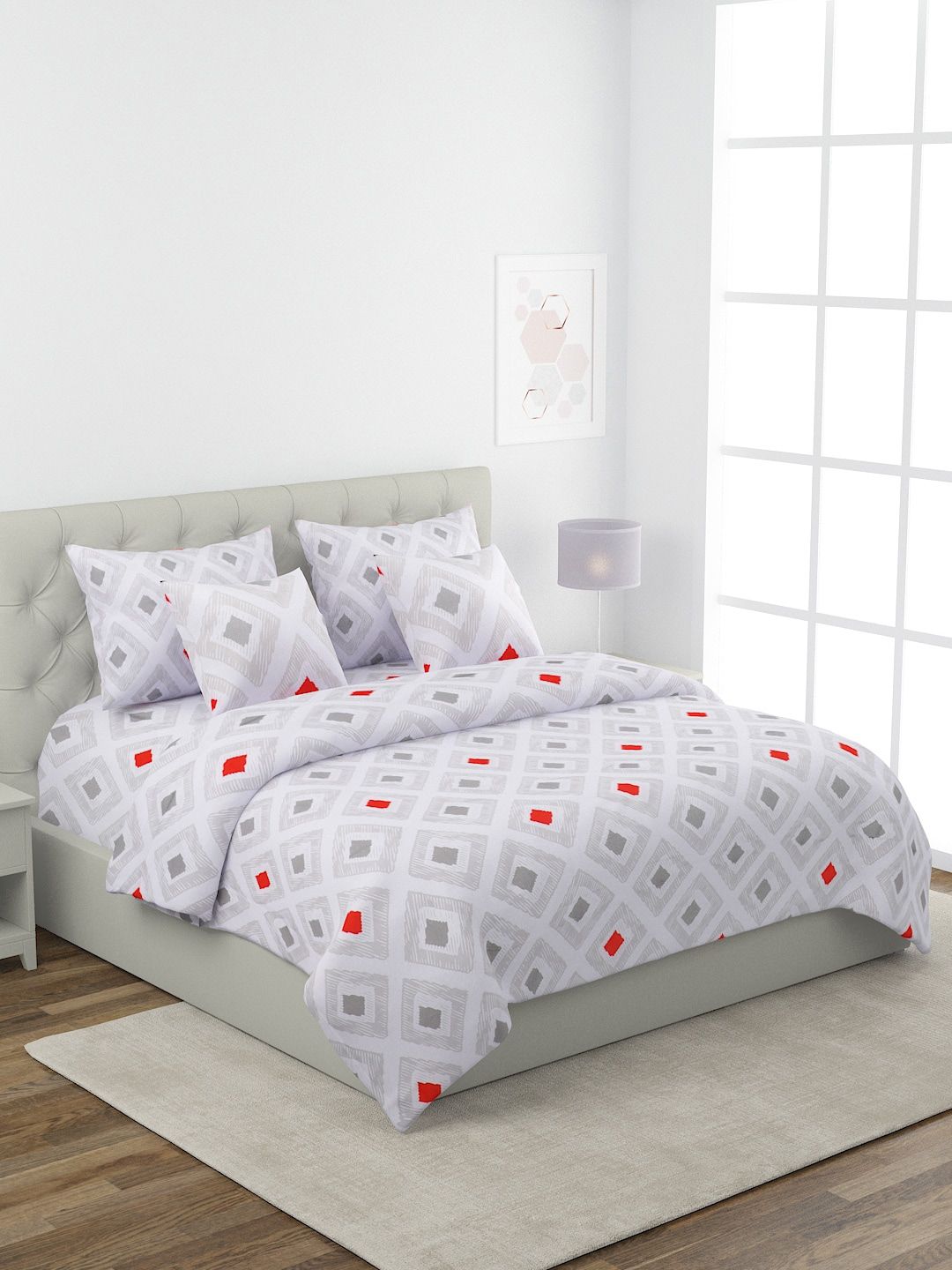 ROMEE Grey & Red Geometric Printed Double King Bedding Set with AC Comforter Price in India