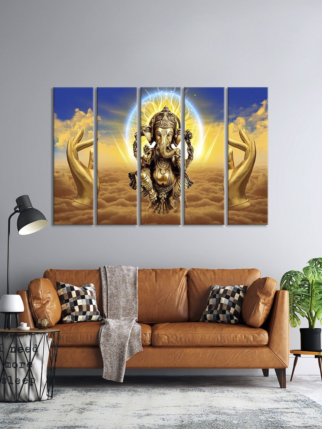 999Store Set Of 5 Brown & Blue Golden Colour Of Lord Ganesha Painting Framed Wall Art Price in India